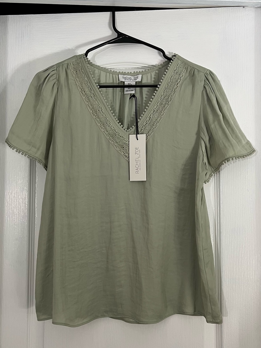 Rachel Zoe Light Sage V-Neck Embroidered Short Sleeve Blouse
